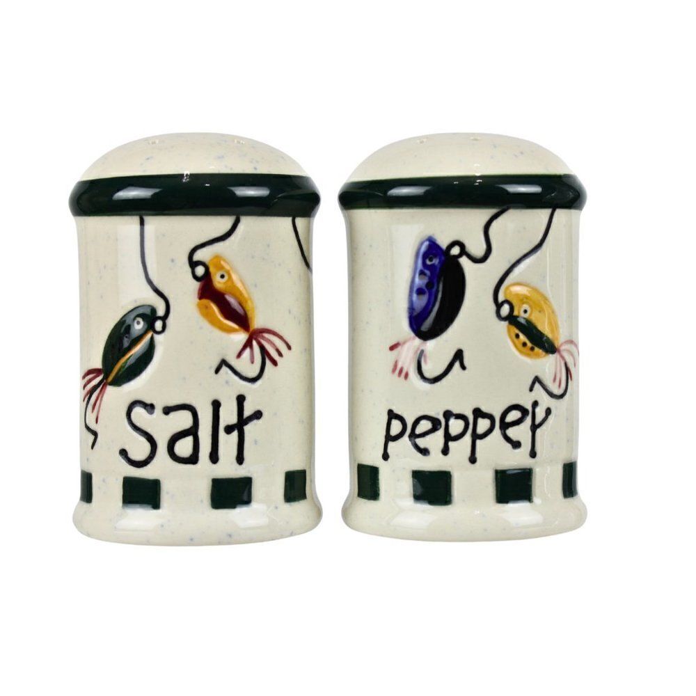 Salt & Pepper Shaker Fishing Lures Vintage Glazed Cabin Pottery Cottagecore 3.5"